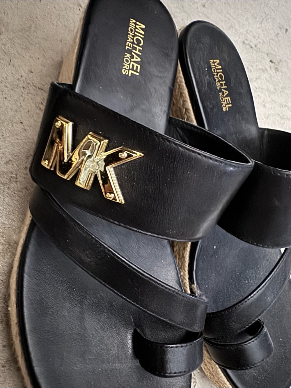 Michael Kors Black Leather Slide Sandals with Gold MK Accent Wedges